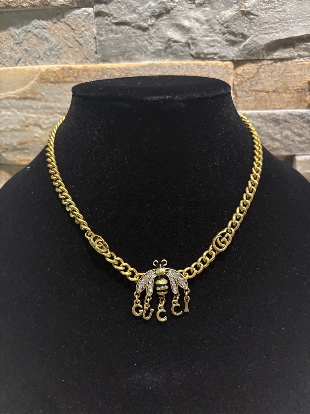 Gold Bee GG Charm Necklace with Hanging Letters